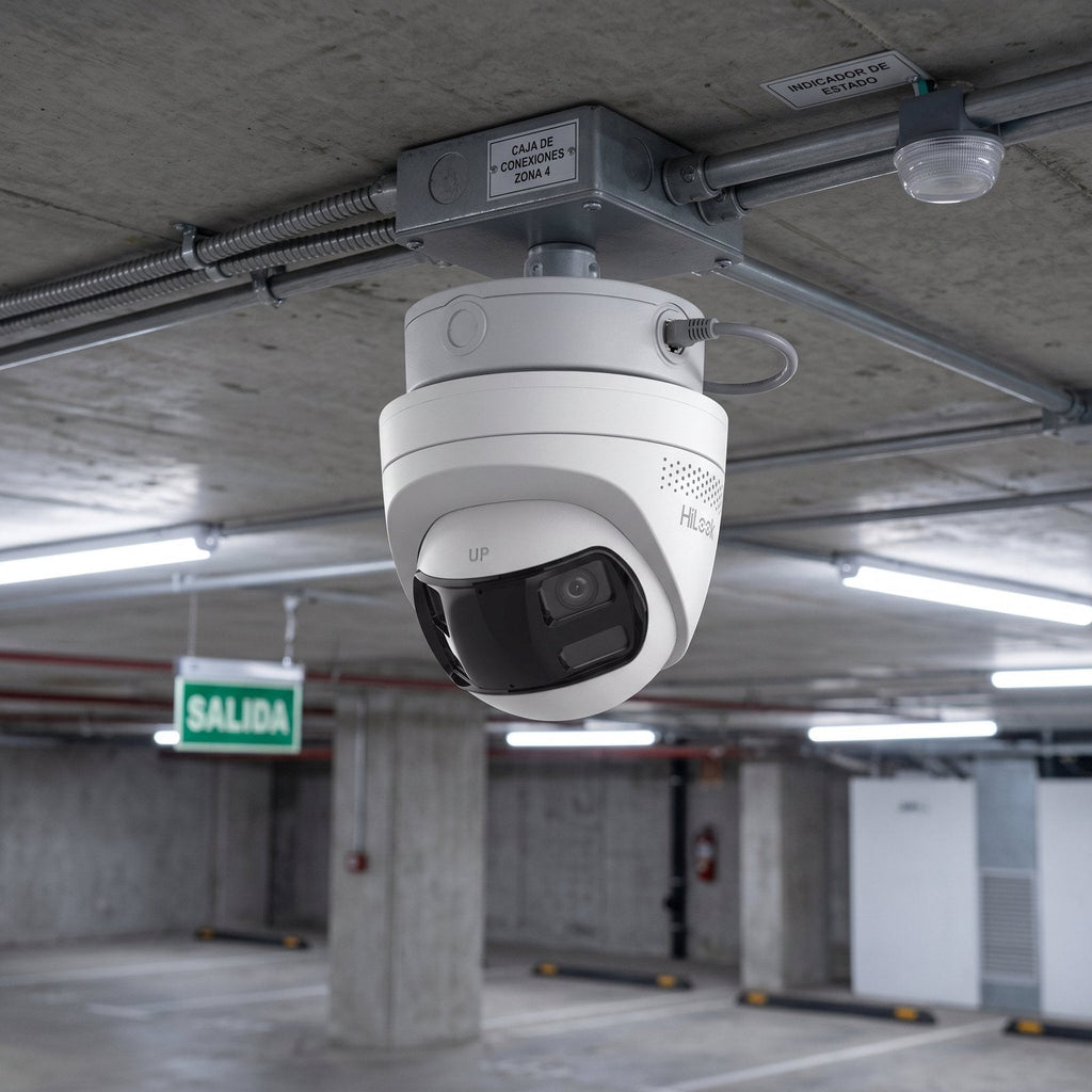 Cámara panorámica 180° HiLook IPC-T260HAD instalada en estacionamiento CDMX