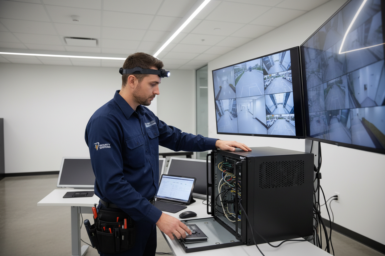 Técnico revisando sistema de cámaras